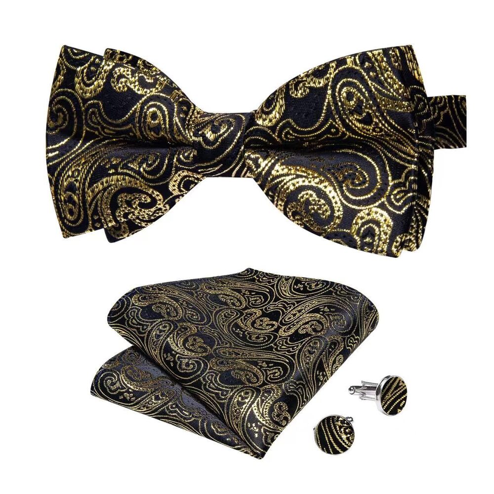 7841 Black Gold Paisley Bow Tie Adjustable Pretied Bow Tie Handkerchief